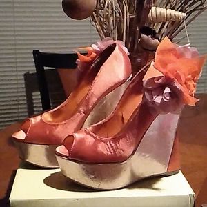 Gold and orange wedge heels